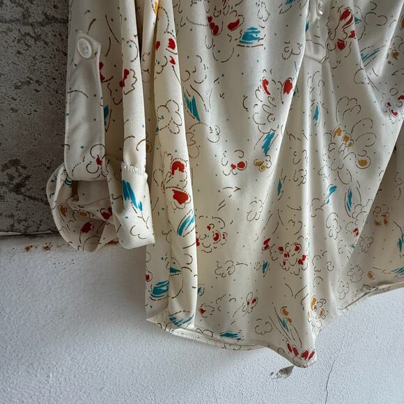Vintage Cream Floral Print Blouse 70s Style Button Front Poet Sleeve Top Size S - Picture 2 of 5